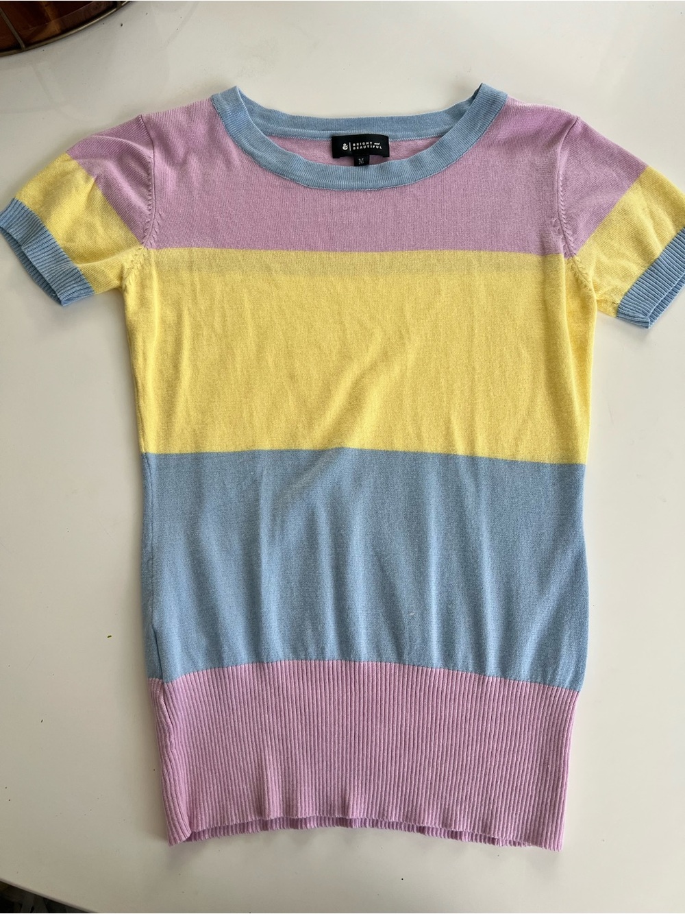 Short-Sleeve Pastel Stripe Knit Tee - Pastel Pink/Yellow/Blue
